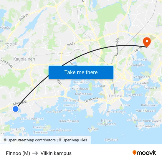 Finnoo (M) to Viikin kampus map