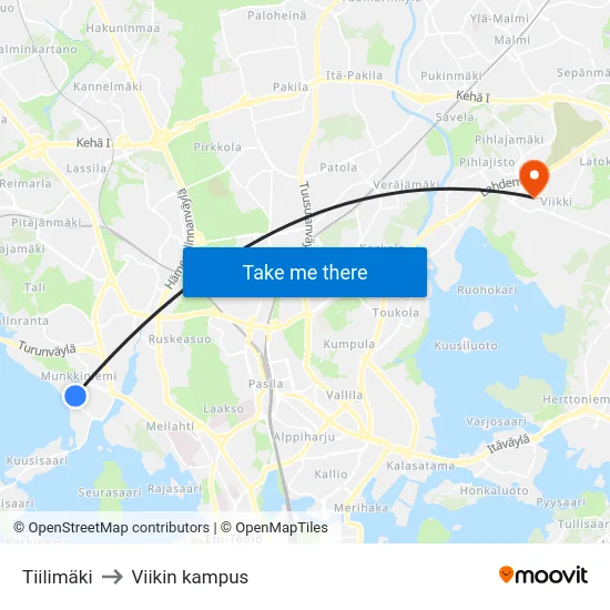 Tiilimäki to Viikin kampus map