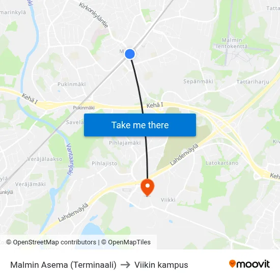 Malmi Station (Terminal) to Viikki Campus map