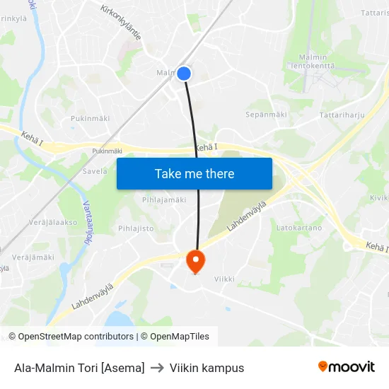 Ala-Malmin Tori [Asema] to Viikin kampus map