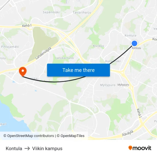 Kontula [Ostari] to Viikin kampus map