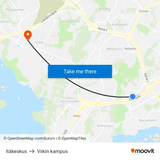 Itäkeskus to Viikin kampus map