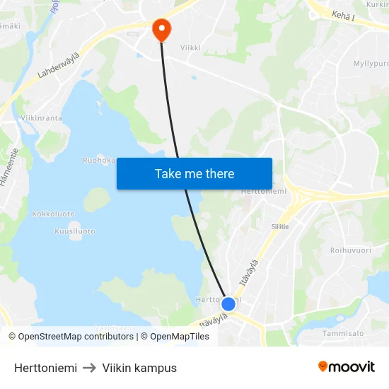 Herttoniemi to Viikin kampus map