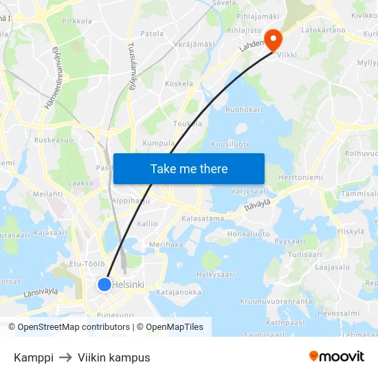 Kamppi to Viikin kampus map