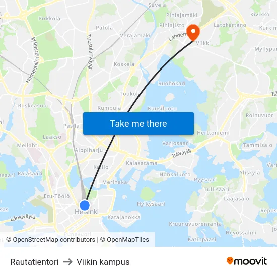 Rautatientori to Viikin kampus map