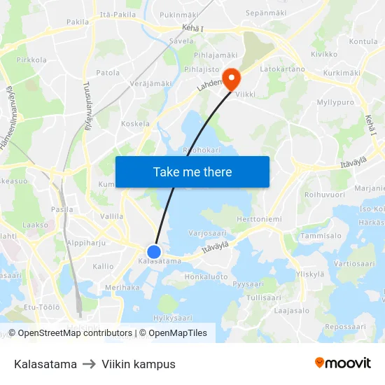 Kalasatama to Viikin kampus map