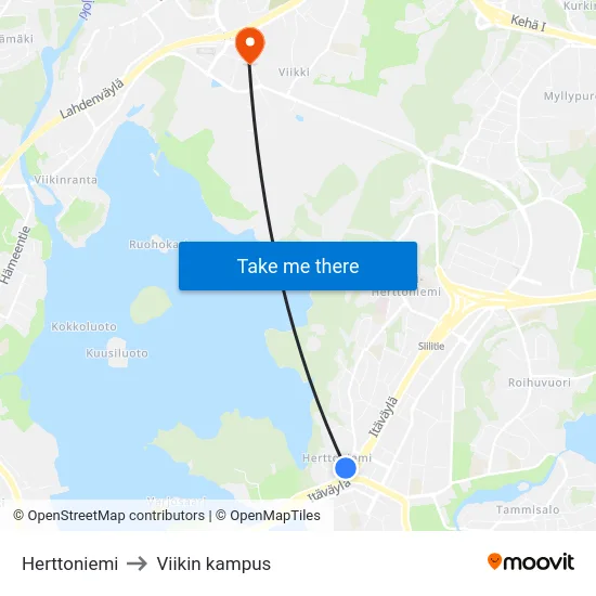 Herttoniemi to Viikin kampus map