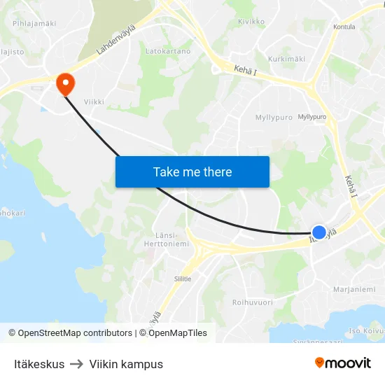 Itäkeskus to Viikin kampus map