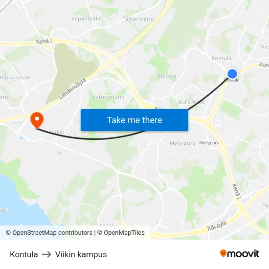 Kontula to Viikin kampus map