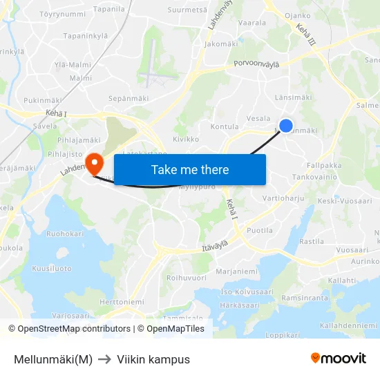 Mellunmäki(M) to Viikin kampus map