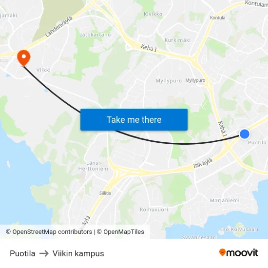 Puotila to Viikin kampus map