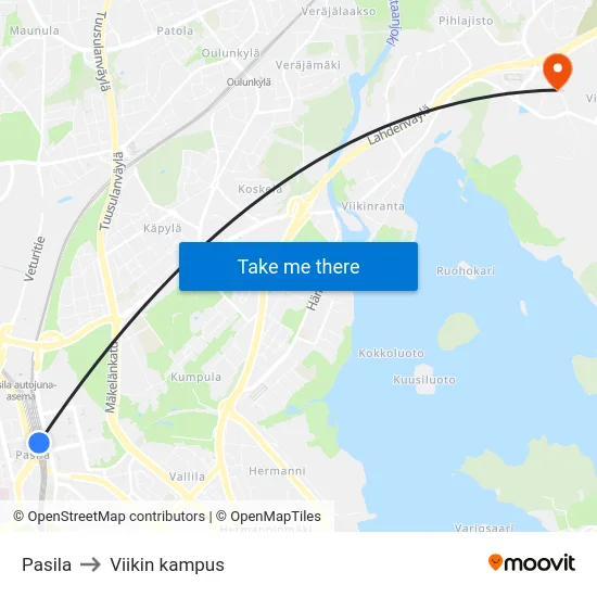 Pasila to Viikin kampus map