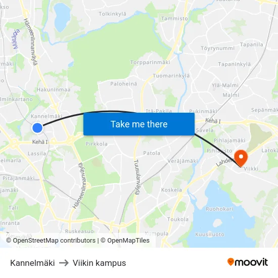 Kannelmäki to Viikin kampus map