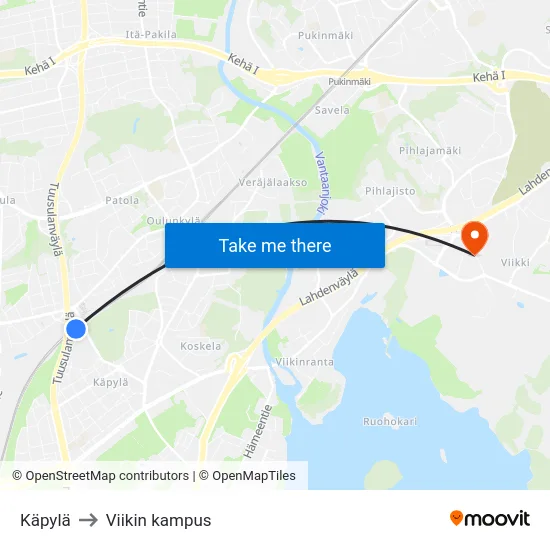 Käpylä to Viikin kampus map