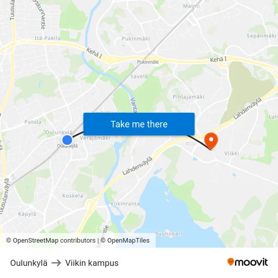 Oulunkylä to Viikin kampus map