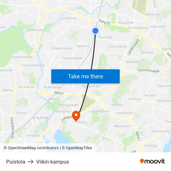 Puistola to Viikin kampus map