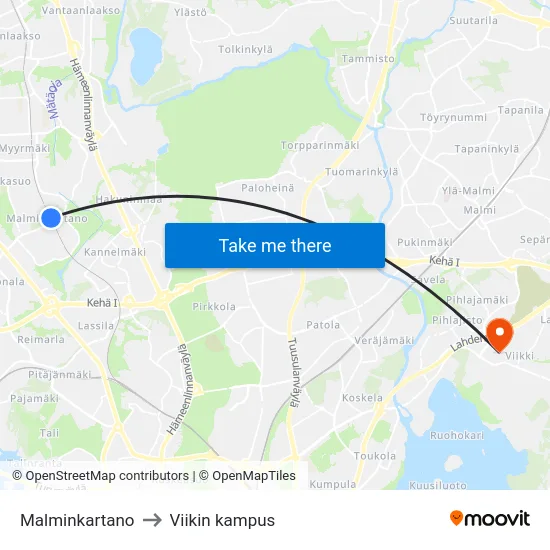 Malminkartano to Viikin kampus map