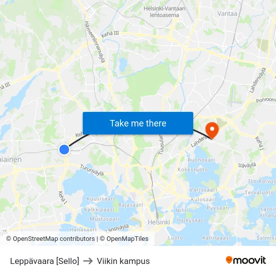 Leppävaara [Sello] to Viikin kampus map