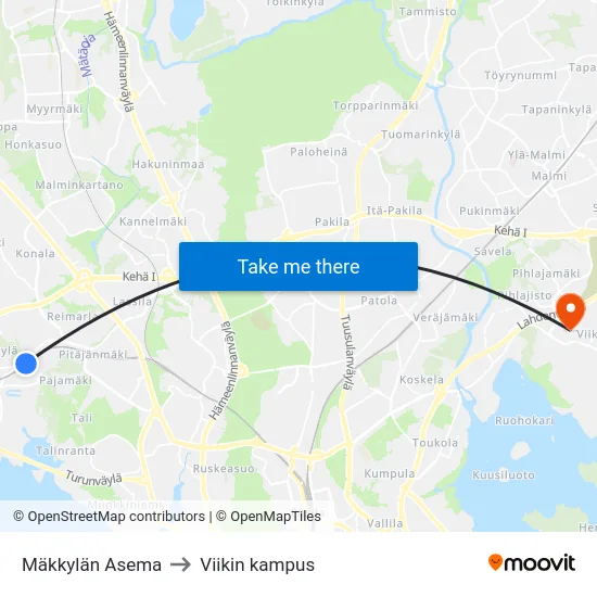 Mäkkylän Asema to Viikin kampus map