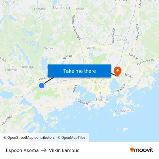 Espoon Asema to Viikin kampus map