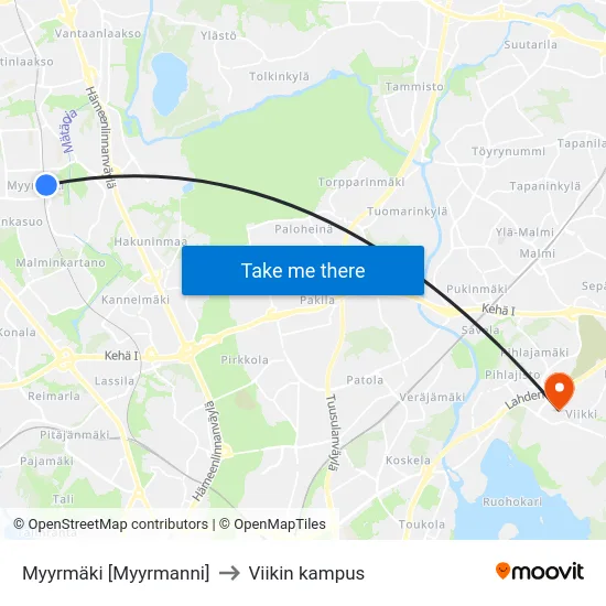 Myyrmäki [Myyrmanni] to Viikin kampus map
