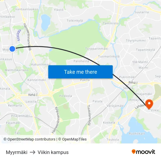 Myyrmäki to Viikin kampus map