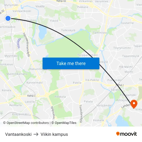 Vantaankoski to Viikin kampus map