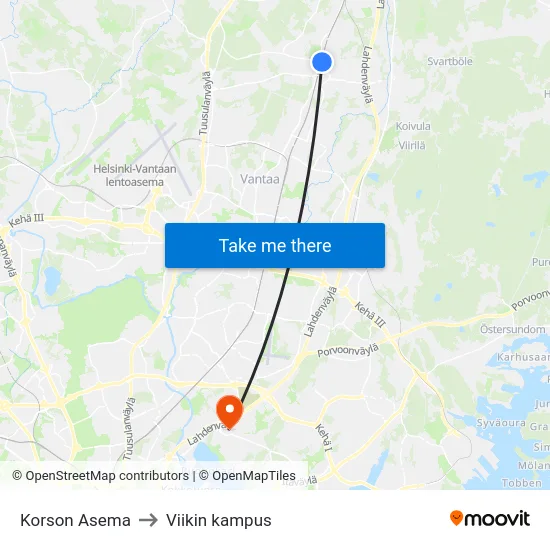 Korson Asema to Viikin kampus map