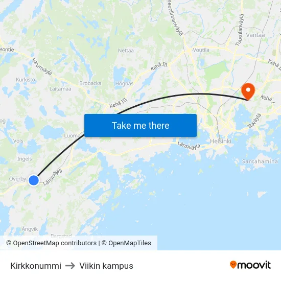 Kirkkonummi to Viikin kampus map