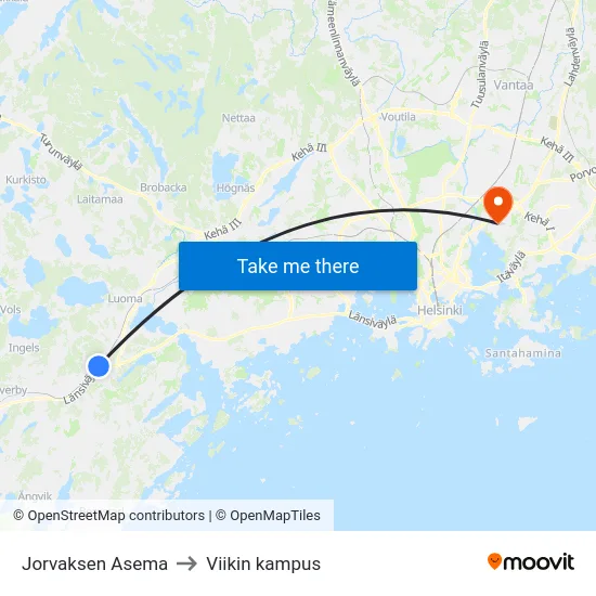 Jorvaksen Asema to Viikin kampus map