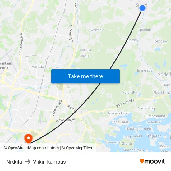 Nikkilä to Viikin kampus map