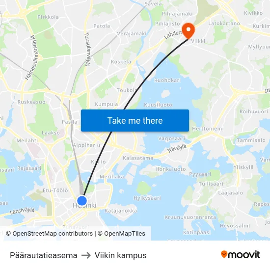Päärautatieasema to Viikin kampus map