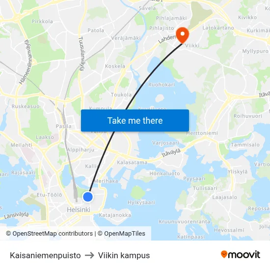 Kaisaniemenpuisto to Viikin kampus map