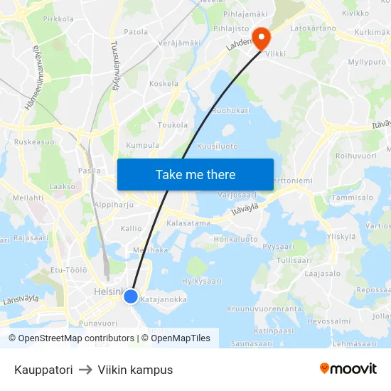 Kauppatori to Viikin kampus map