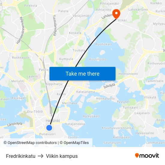 Fredrikinkatu to Viikin kampus map