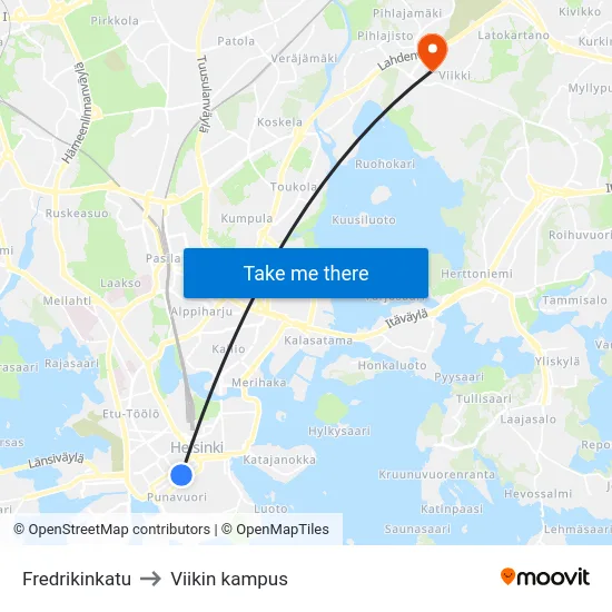 Fredrikinkatu to Viikin kampus map