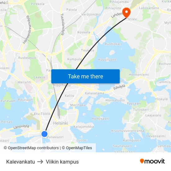 Kalevankatu to Viikin kampus map