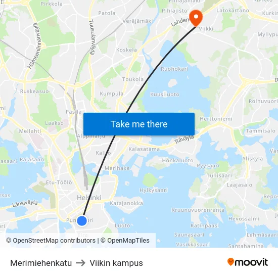 Merimiehenkatu to Viikin kampus map