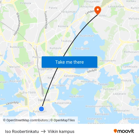 Iso Roobertinkatu to Viikin kampus map