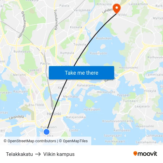 Telakkakatu to Viikin kampus map