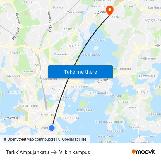 Tarkk´Ampujankatu to Viikin kampus map