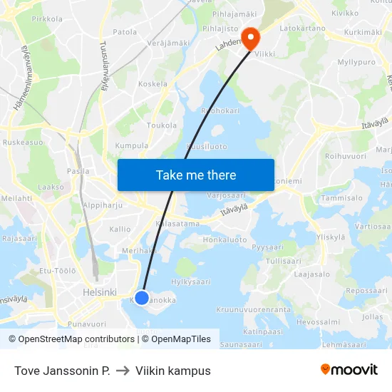 Tove Jansson Park to Viikki Campus map