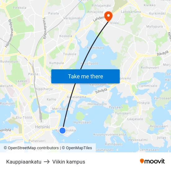 Kauppiaankatu to Viikin kampus map
