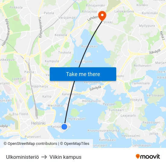 Ulkoministeriö to Viikin kampus map