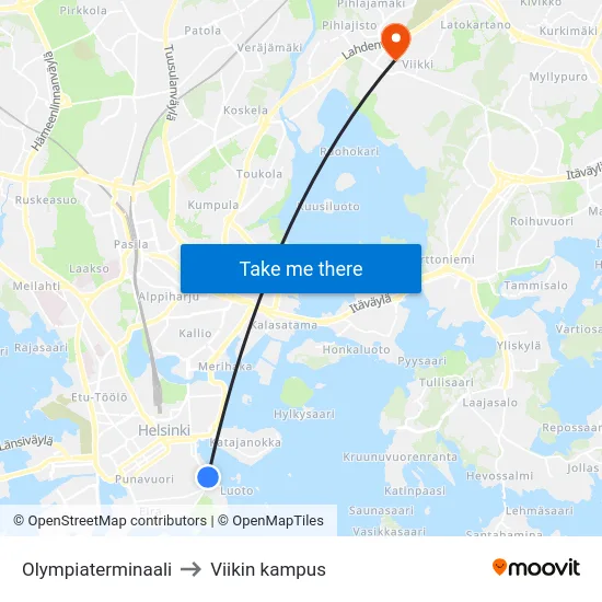 Olympiaterminaali to Viikin kampus map