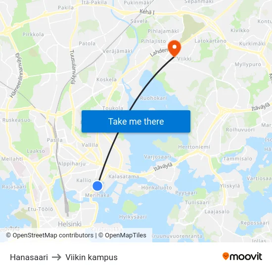 Hanasaari to Viikin kampus map