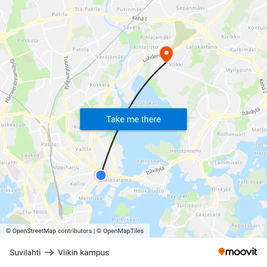 Suvilahti to Viikin kampus map
