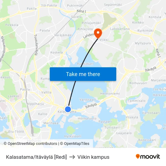 Kalasatama/Itäväylä [Redi] to Viikin kampus map