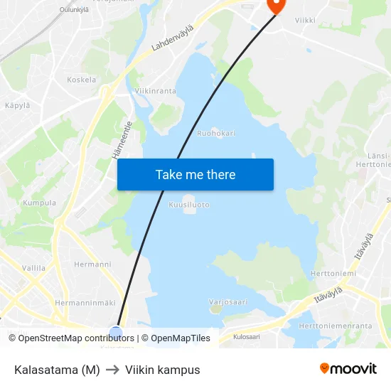 Kalasatama (M) to Viikin kampus map
