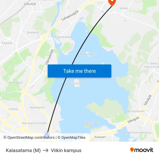 Kalasatama (M) to Viikin kampus map